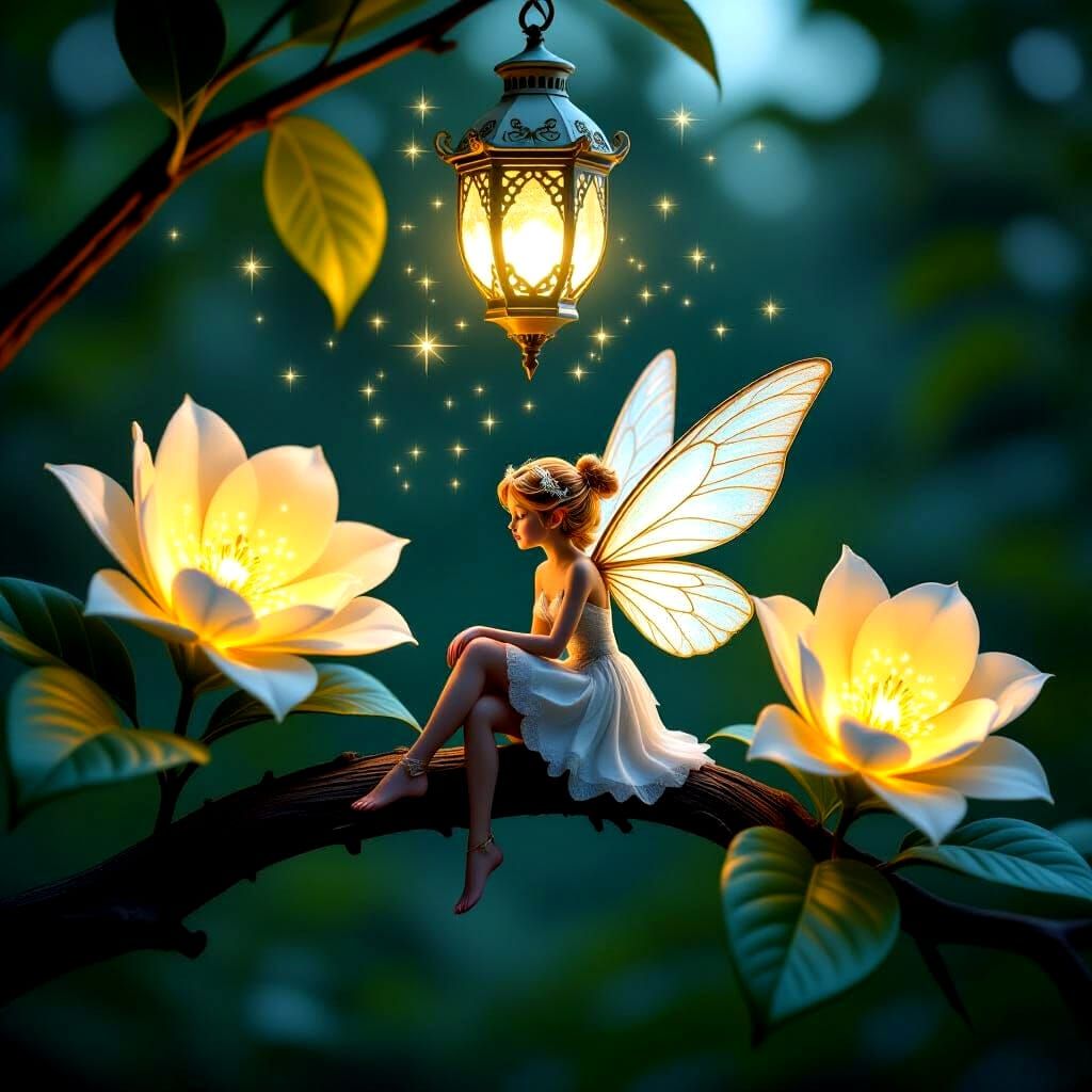 Magical Fairy on Branch with Glowing Flowers and Lantern