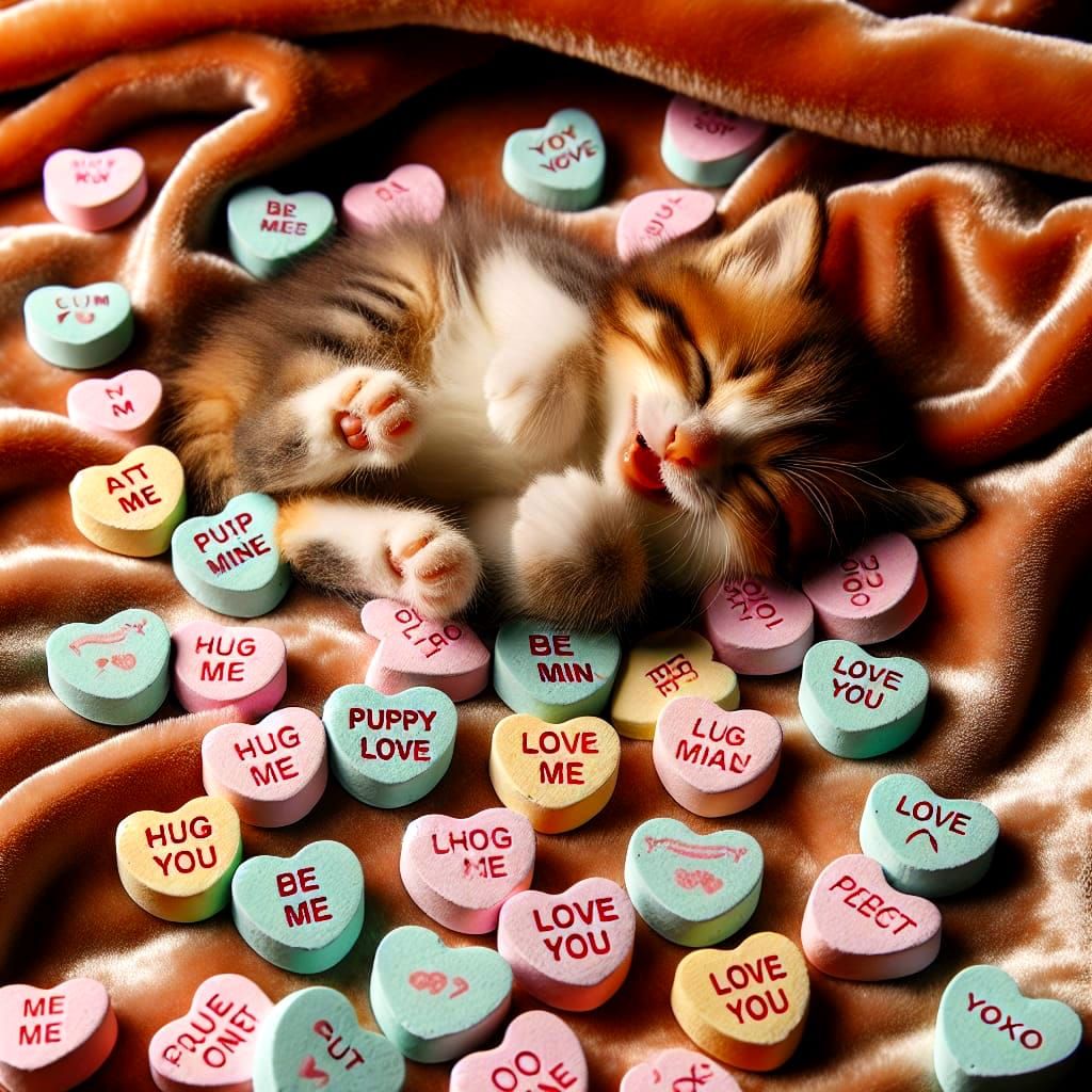 Joyful Kitten Surrounded by Sweet Candy Hearts in a Cozy Vel...