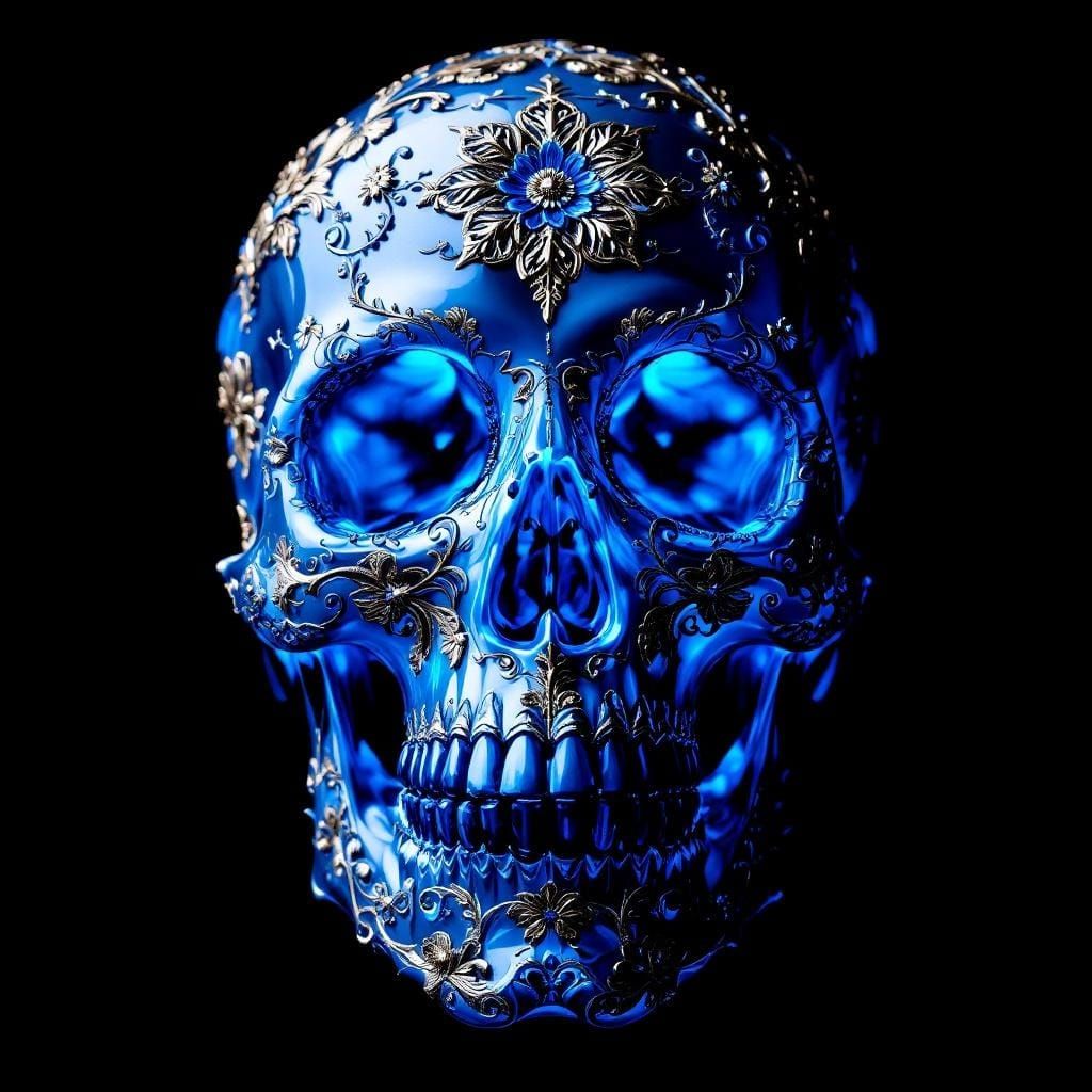 Intricate Blue Glass Skull with Filigree Patterns