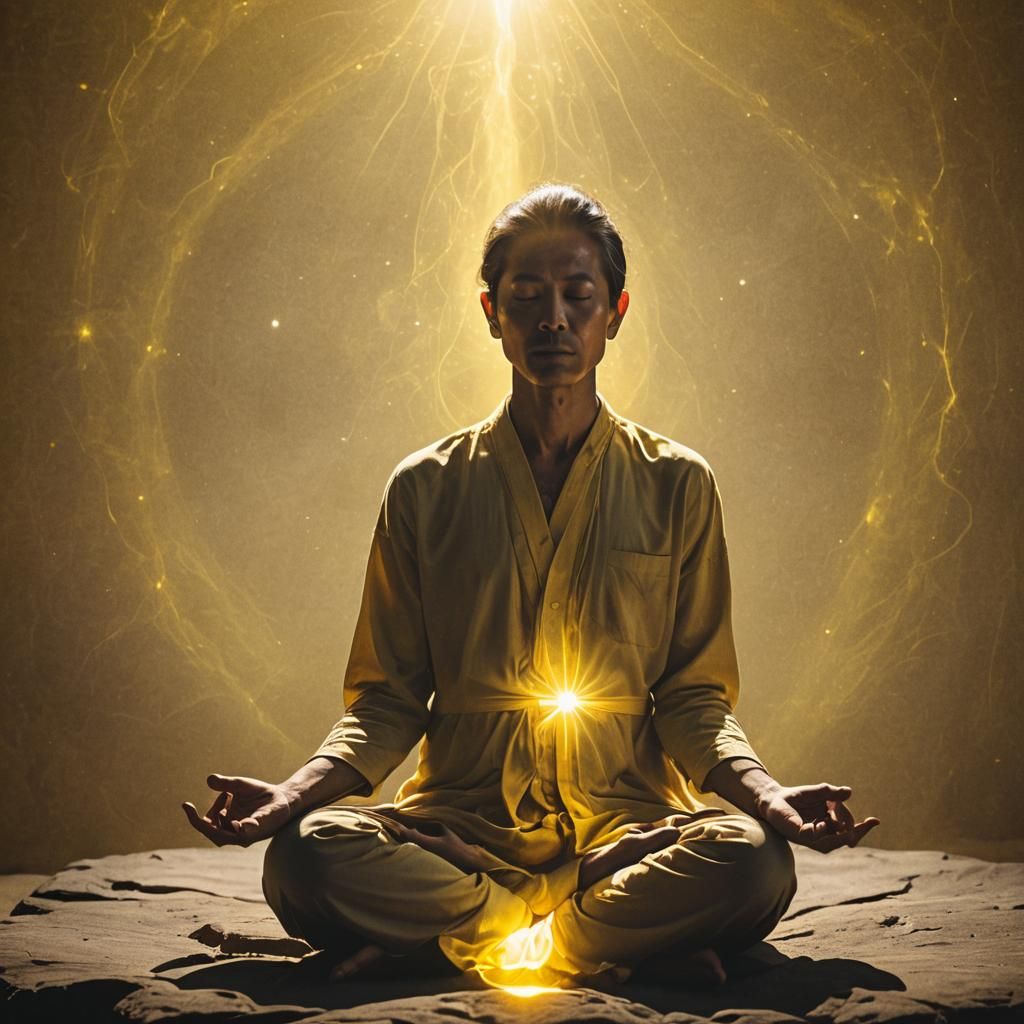 person seated in meditation, yellow light emanating from sol...