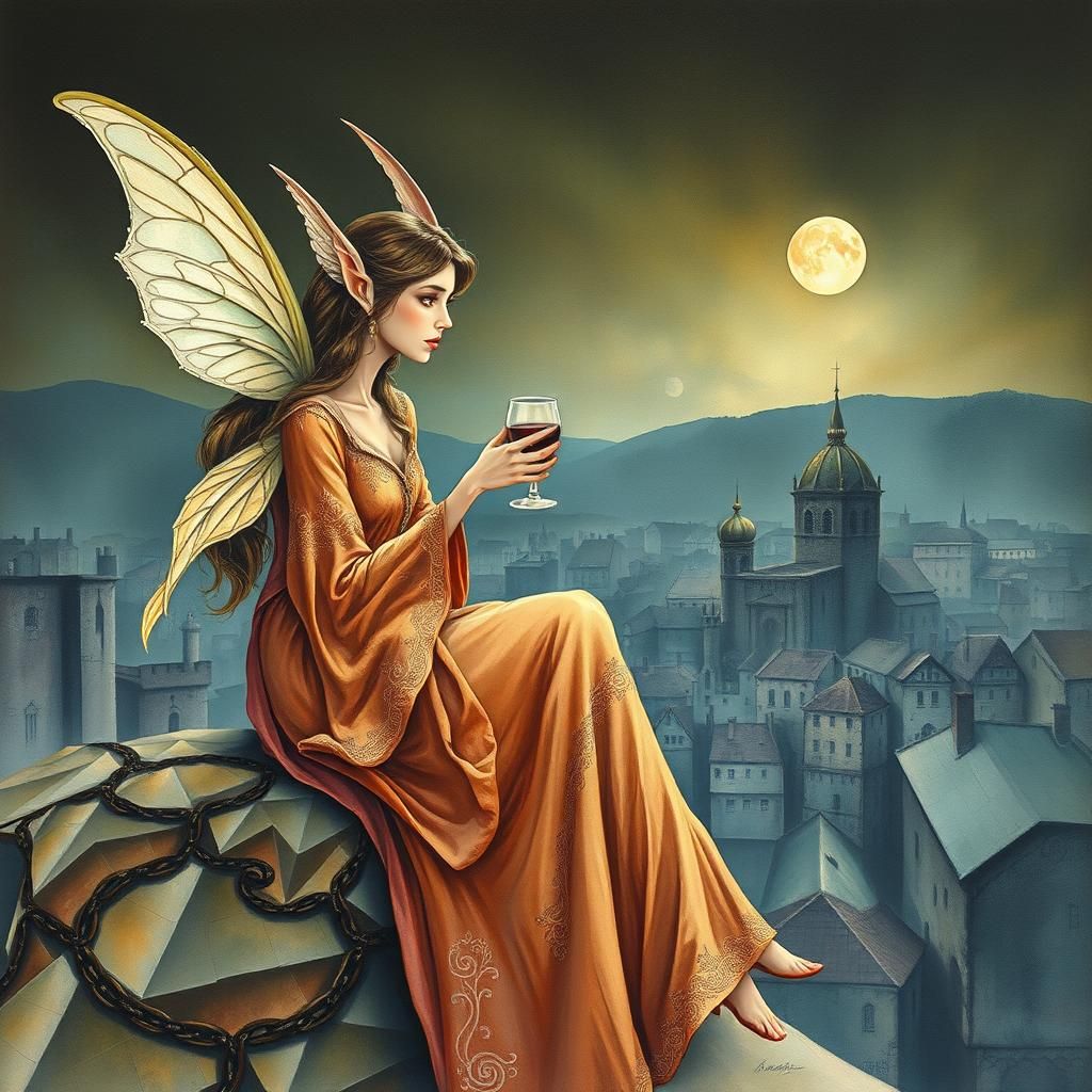 Ethereal Fairy Elf Sipping Wine: Surrealist Landscape