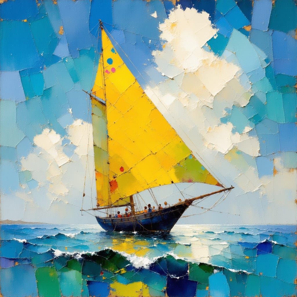 Impressionistic Yellow Sailboat on Blue Waters