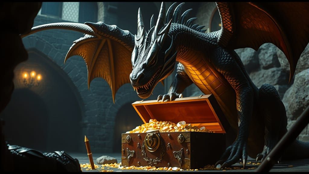 Glistening Dragon Guards Treasure in Castle Dungeon
