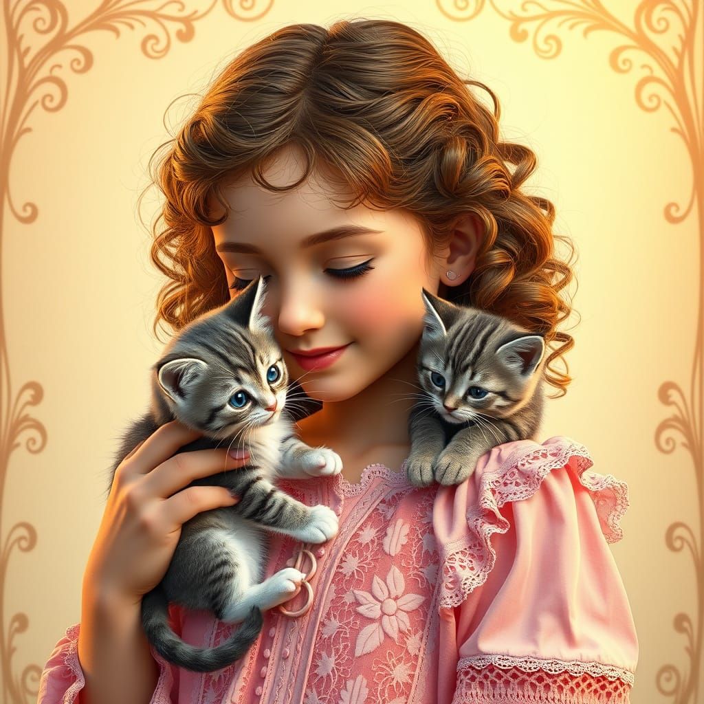 Girl and Kitten in Art Nouveau Style
