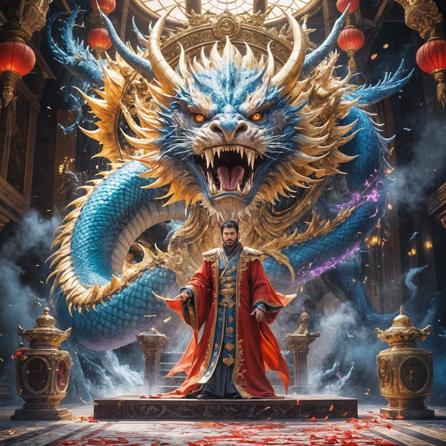 Epic Cinematic Portrait of Emperor and Majestic Dragon