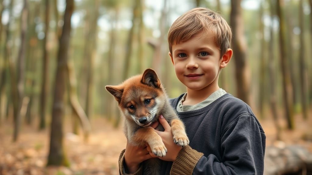 Boy with Wolf Cub in Ancient Forest Setting