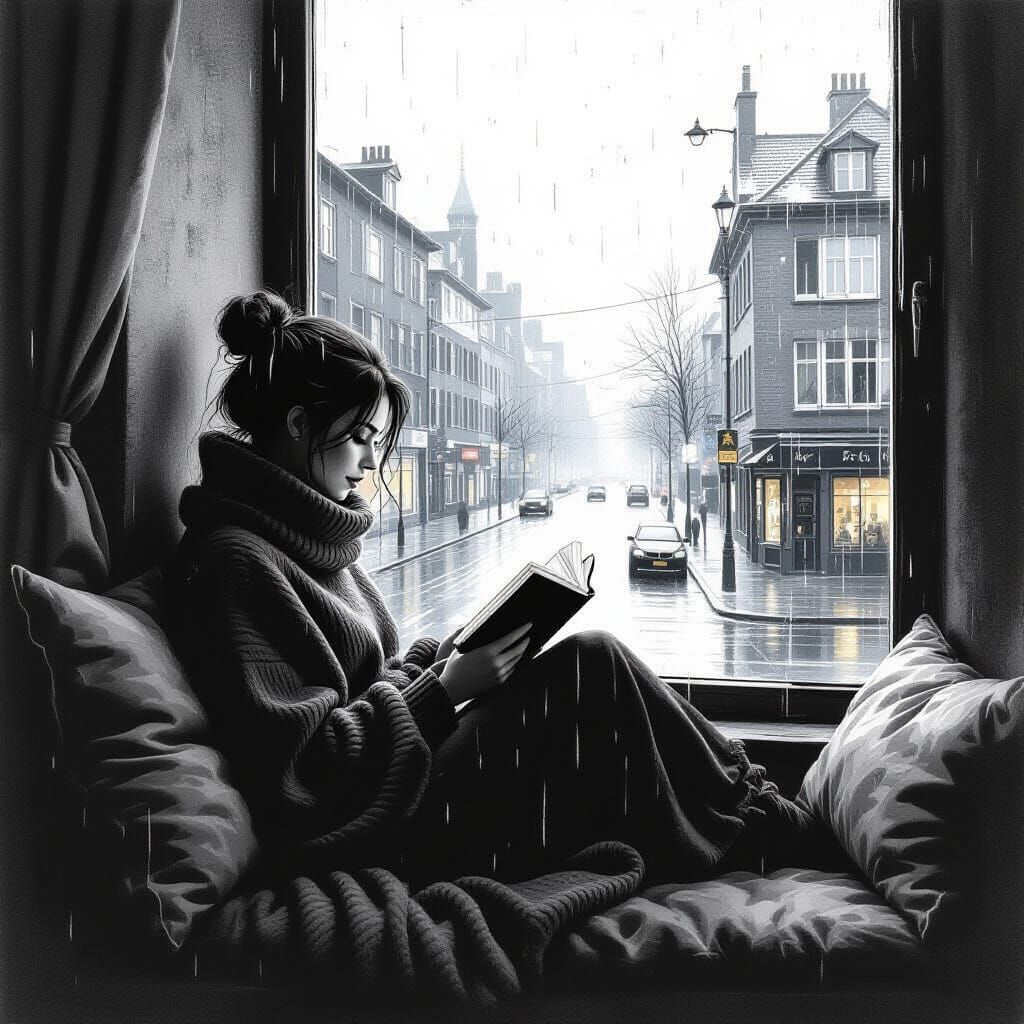 Cozy Woman Reading by Rainy Window: Charcoal Drawing