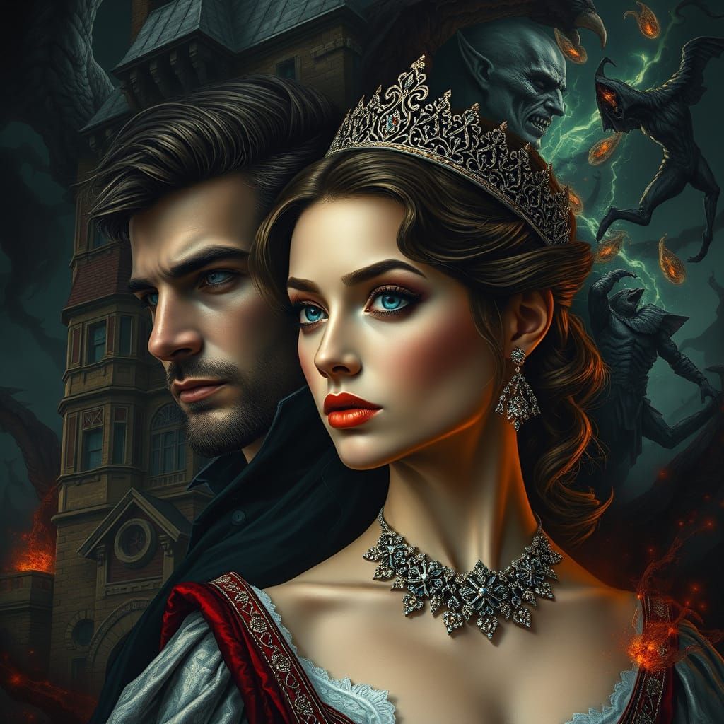 Regal Couple Confronts Dark Destiny in Matte Painting