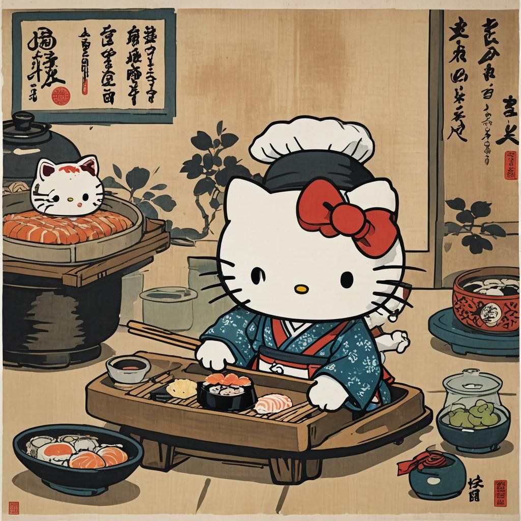 Hello Kitty Sushi Chef in Ukiyo-e Style