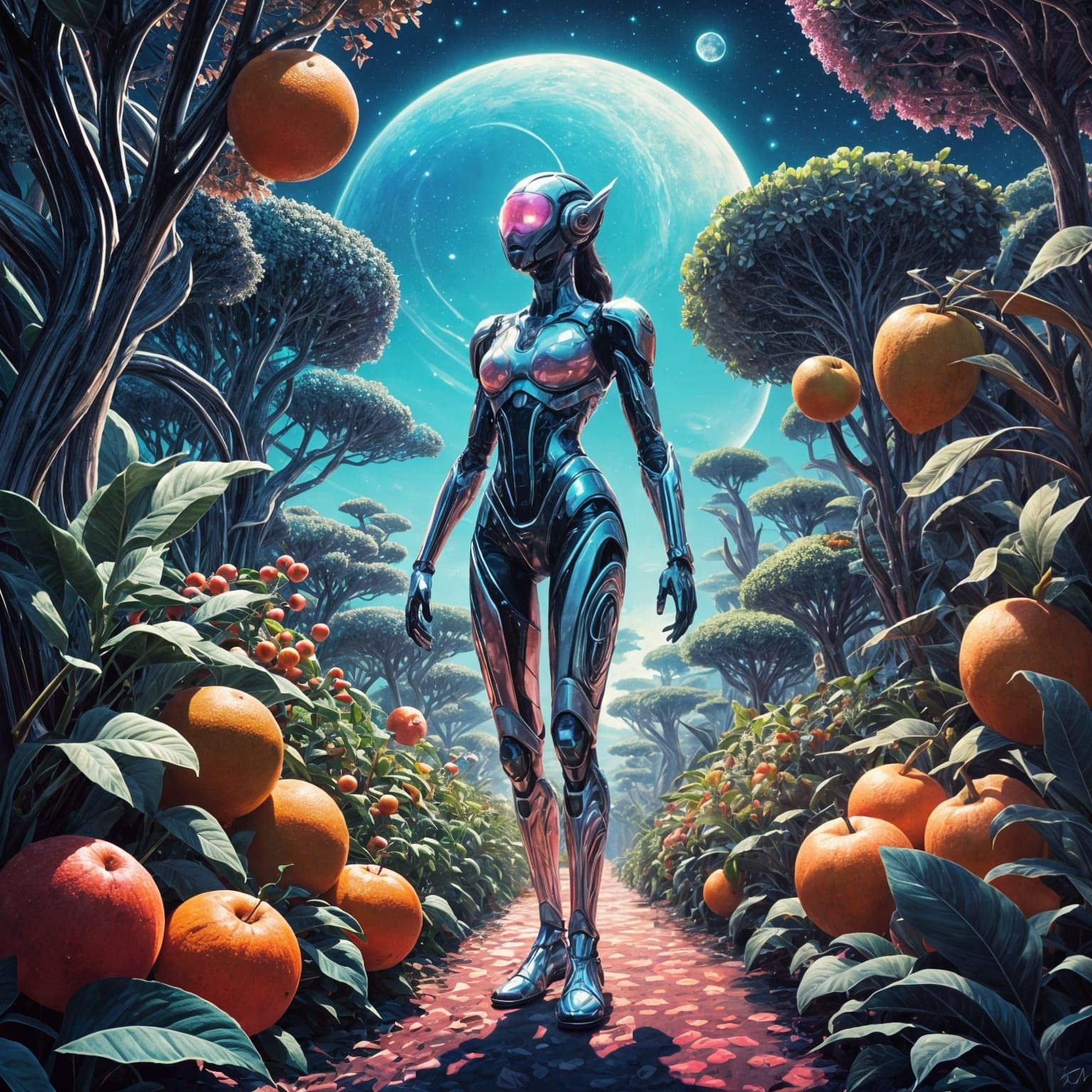 Whimsical Futuristic Garden Under Starry Night Sky