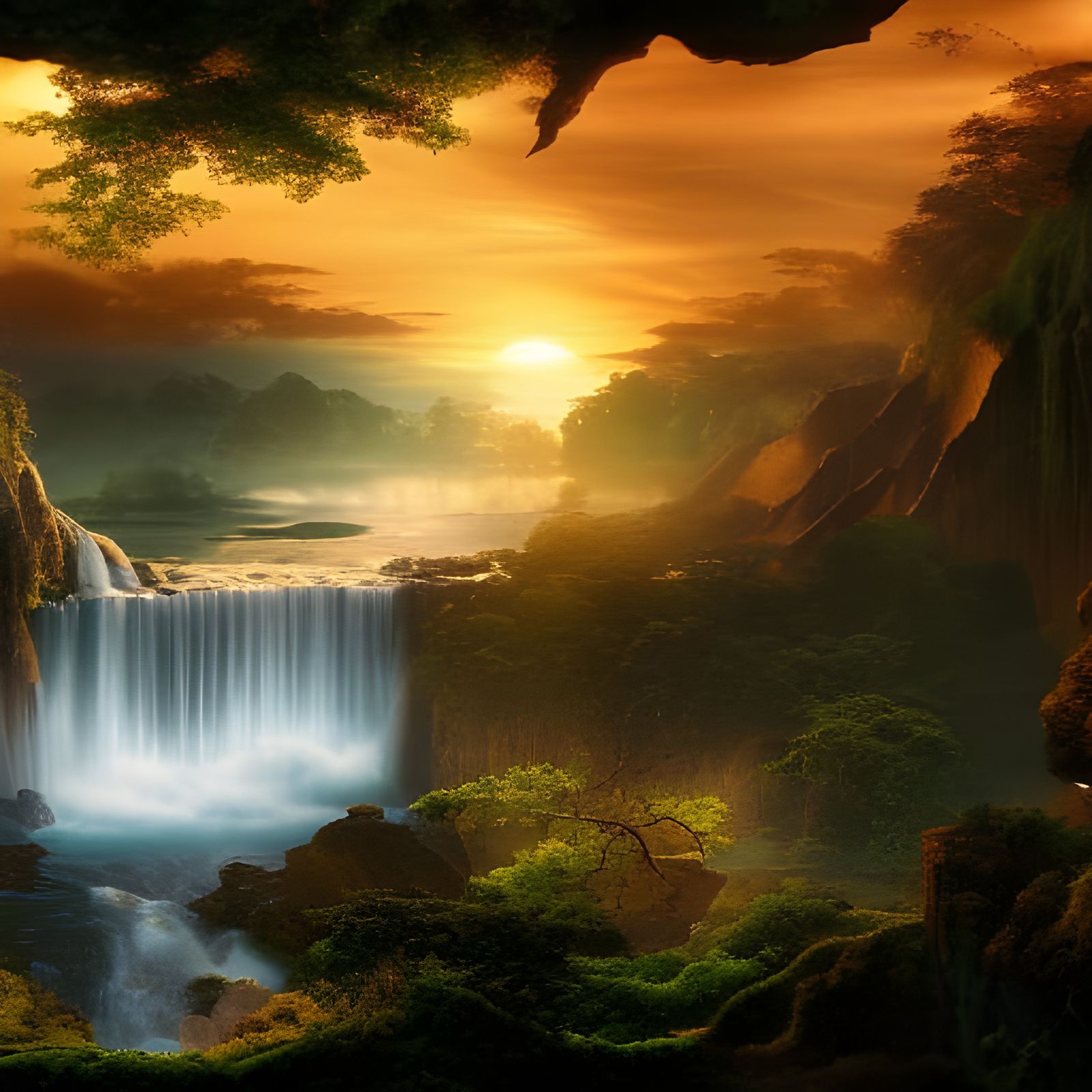 Epic Waterfall Sunset Digital Matte Painting