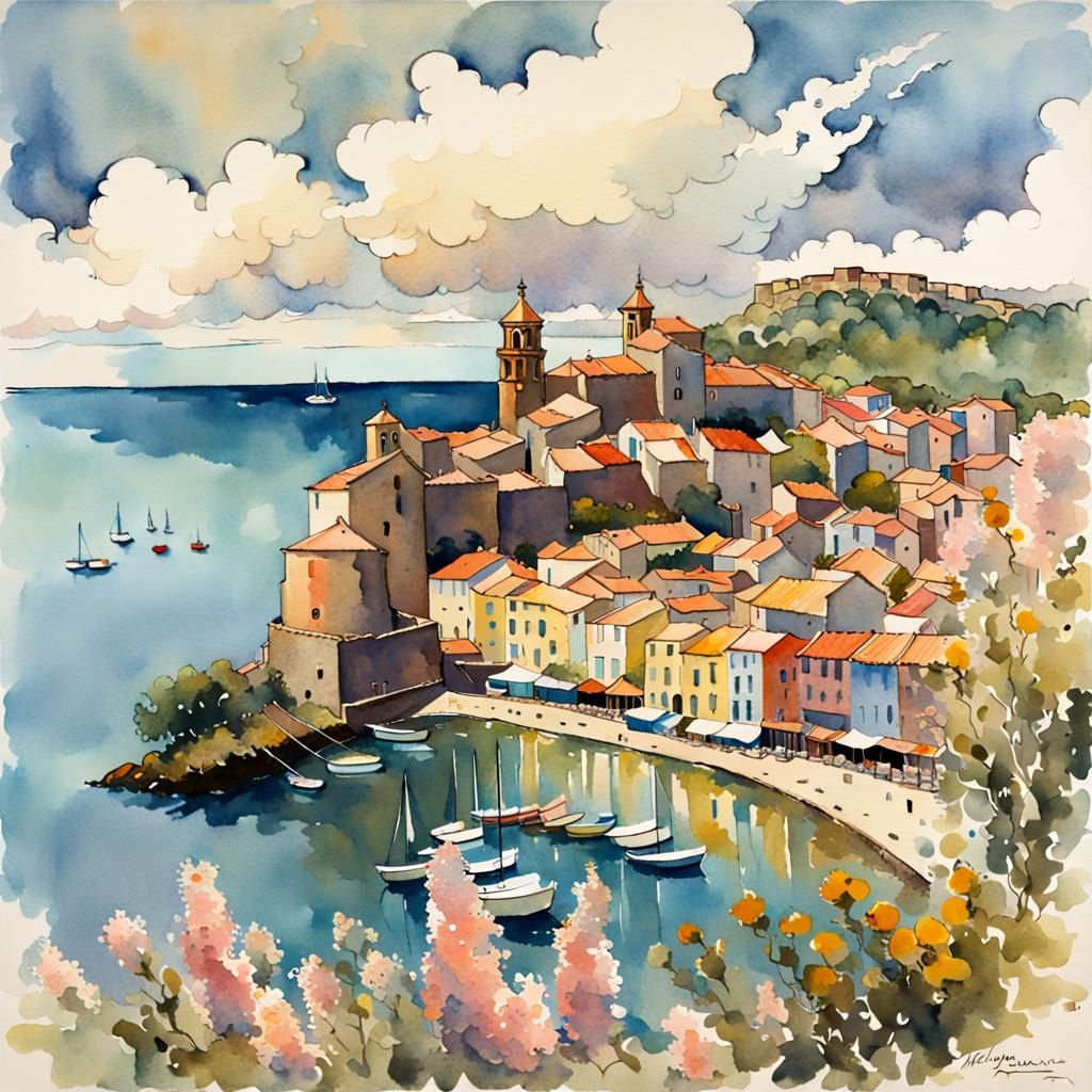 Collioure Harbor in Summer: Pastel Watercolor View