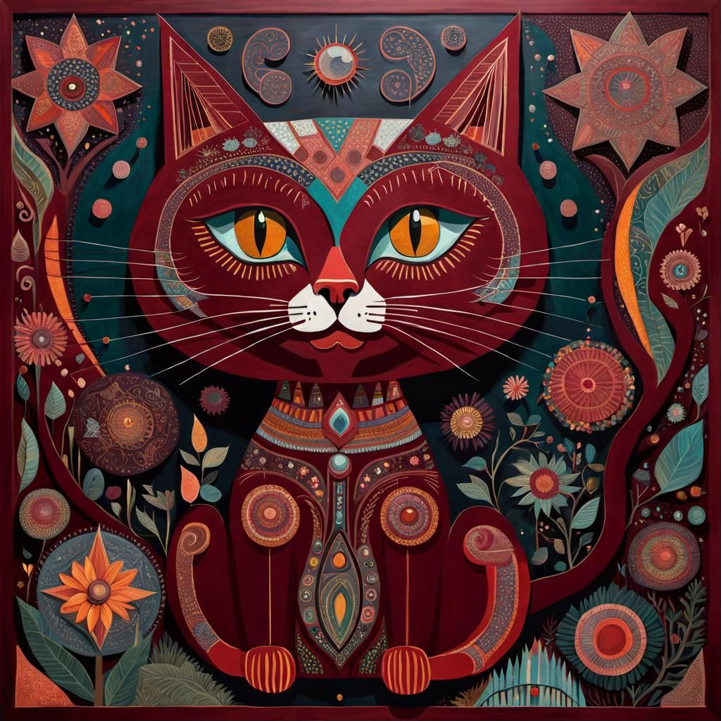 Whimsical Maroon Cat Poster Art in Outsider Style