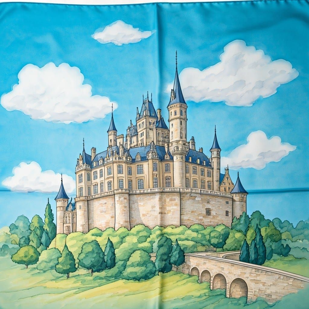 Medieval Castle on Silk Scarf in Whimsical Art Style