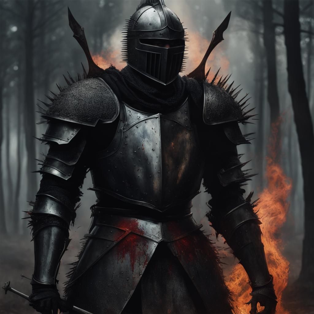 Cursed Knight in Black Armor Amidst Burning Forest