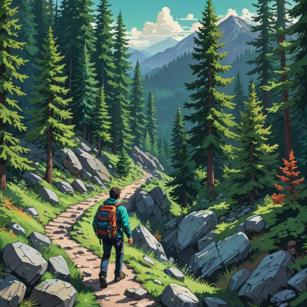 Pixel Art: Hiker on Mountain Path in Retro Style