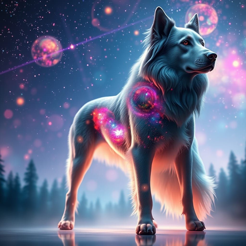 Hyperrealistic Dog Transitions into Iridescent Fantasy Lands...
