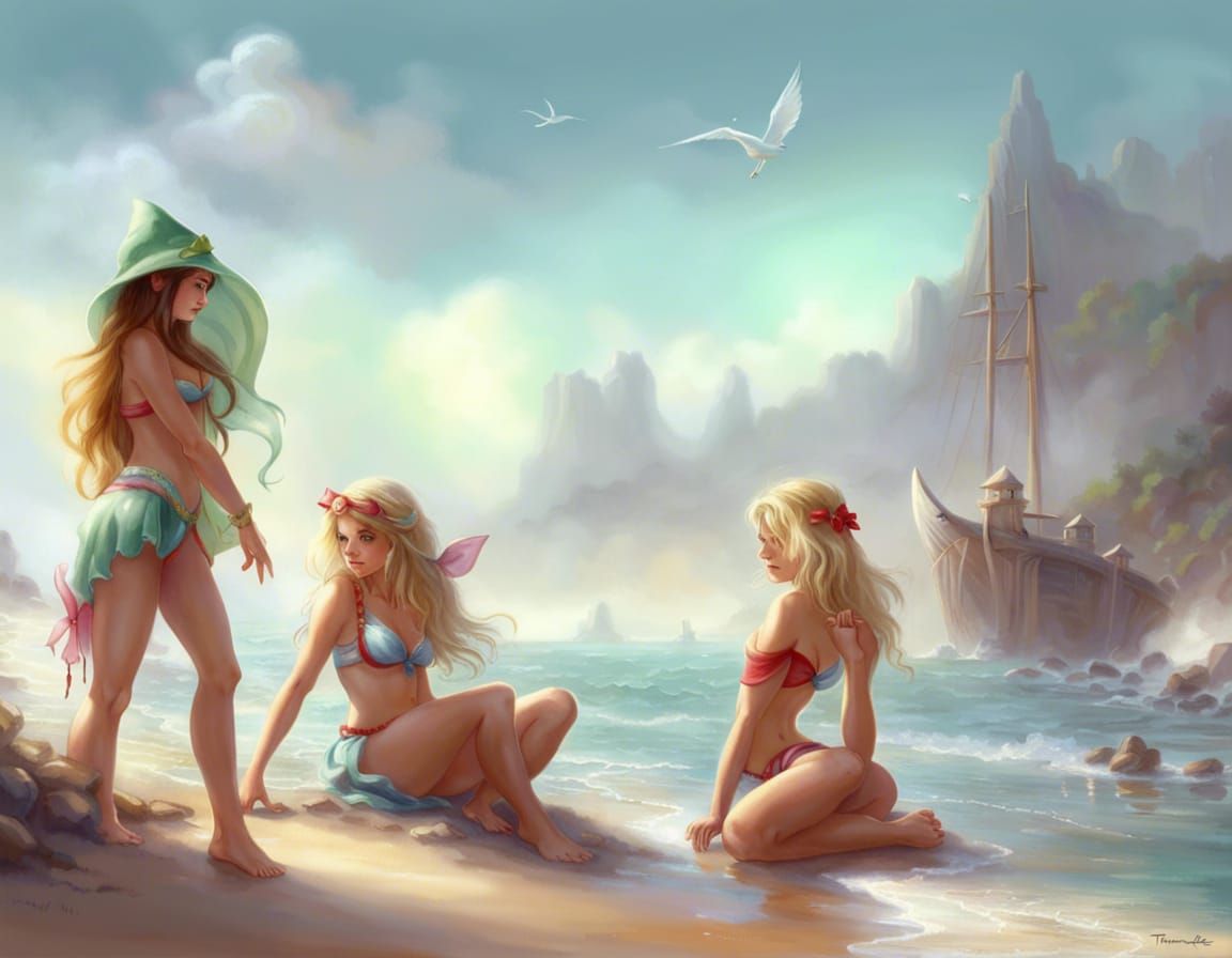 Ethereal Elf Girls on Beach in Fantasy Style