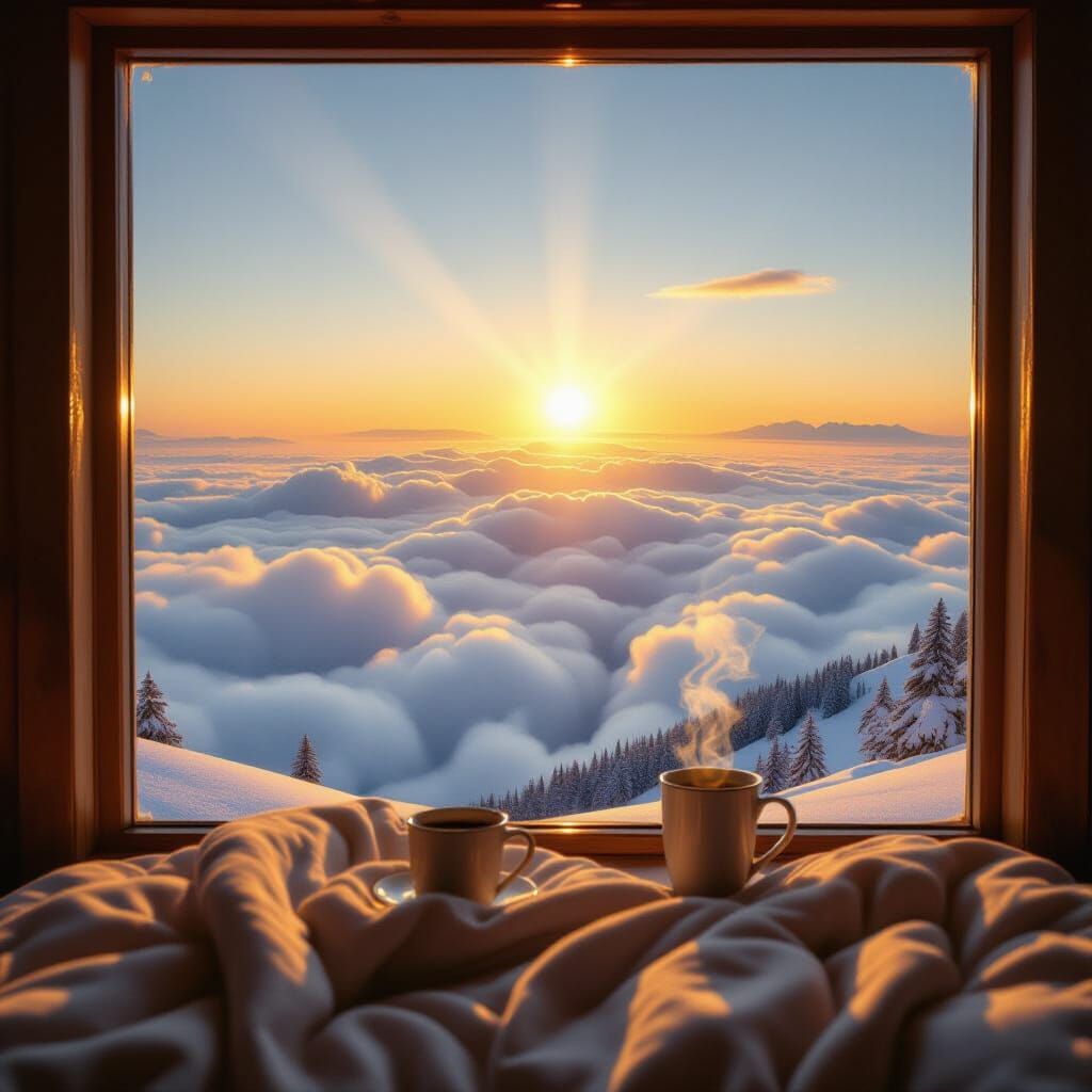 Cozy Minimalist Cabin on Cloud Mountain Peak at Sunset