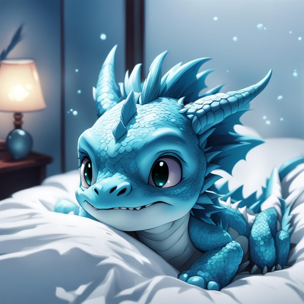 Cute Blue Dragon Watching Rain: Anime Style