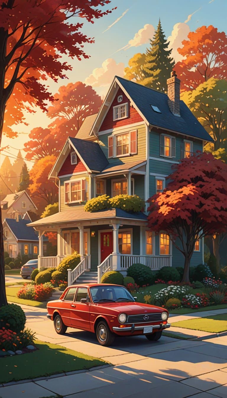 Quaint Cottage with Red Car in Golden Hour Sunlight