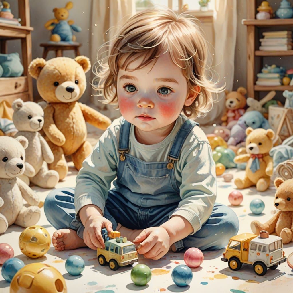 Child Playing with Toys in Dreamy Watercolor Style