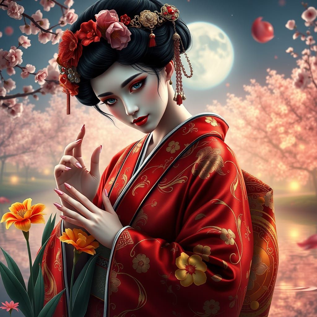 Enigmatic Dark Fantasy Geisha Amidst Mystical Landscape