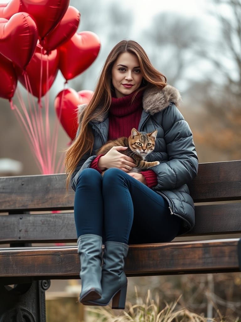 Elegant Woman with Cat and Heart-Shaped Balloons in Soft Lig...