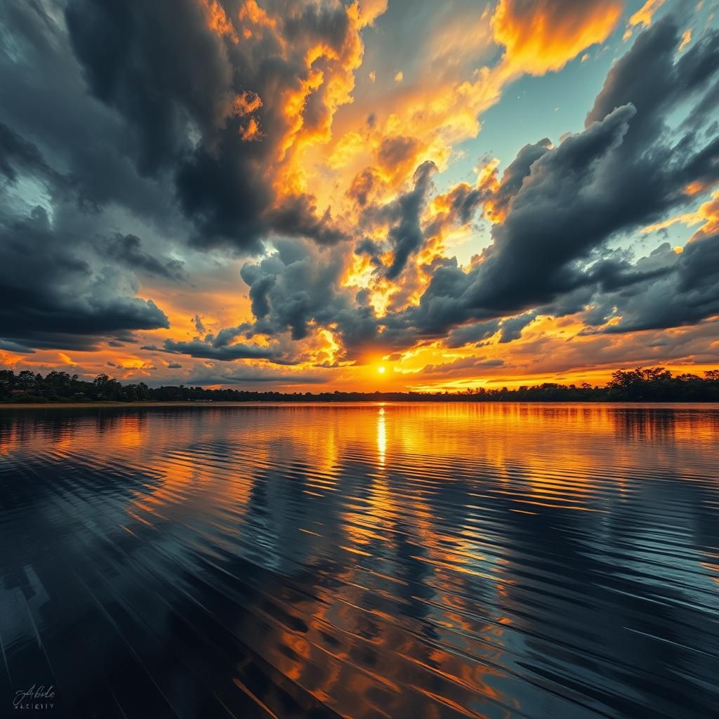 Storm Clouds Meet Sunset: Graffiti Art on Reflective Lake