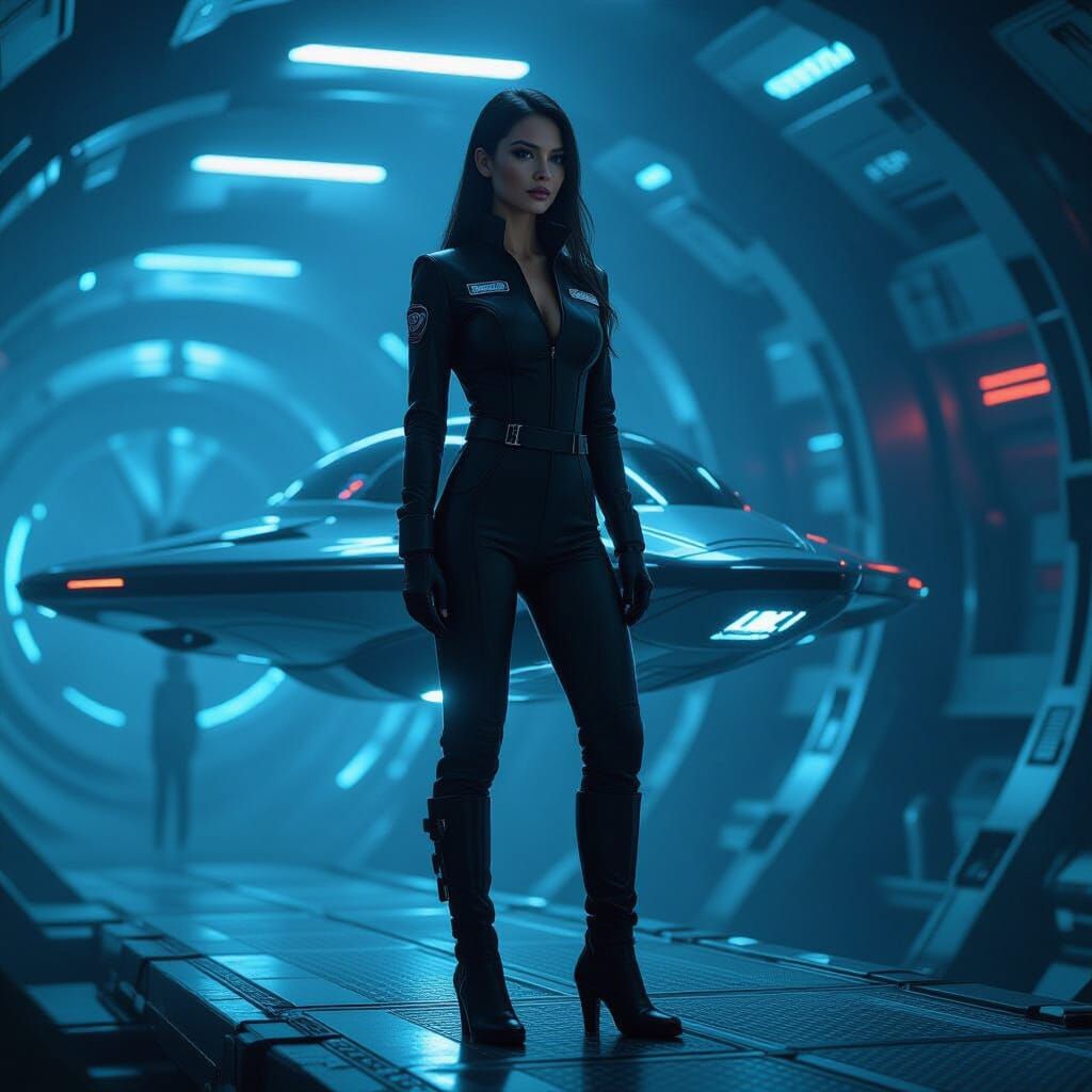Arcturian Pilot in Sleek Jumpsuit on Hover Platform
