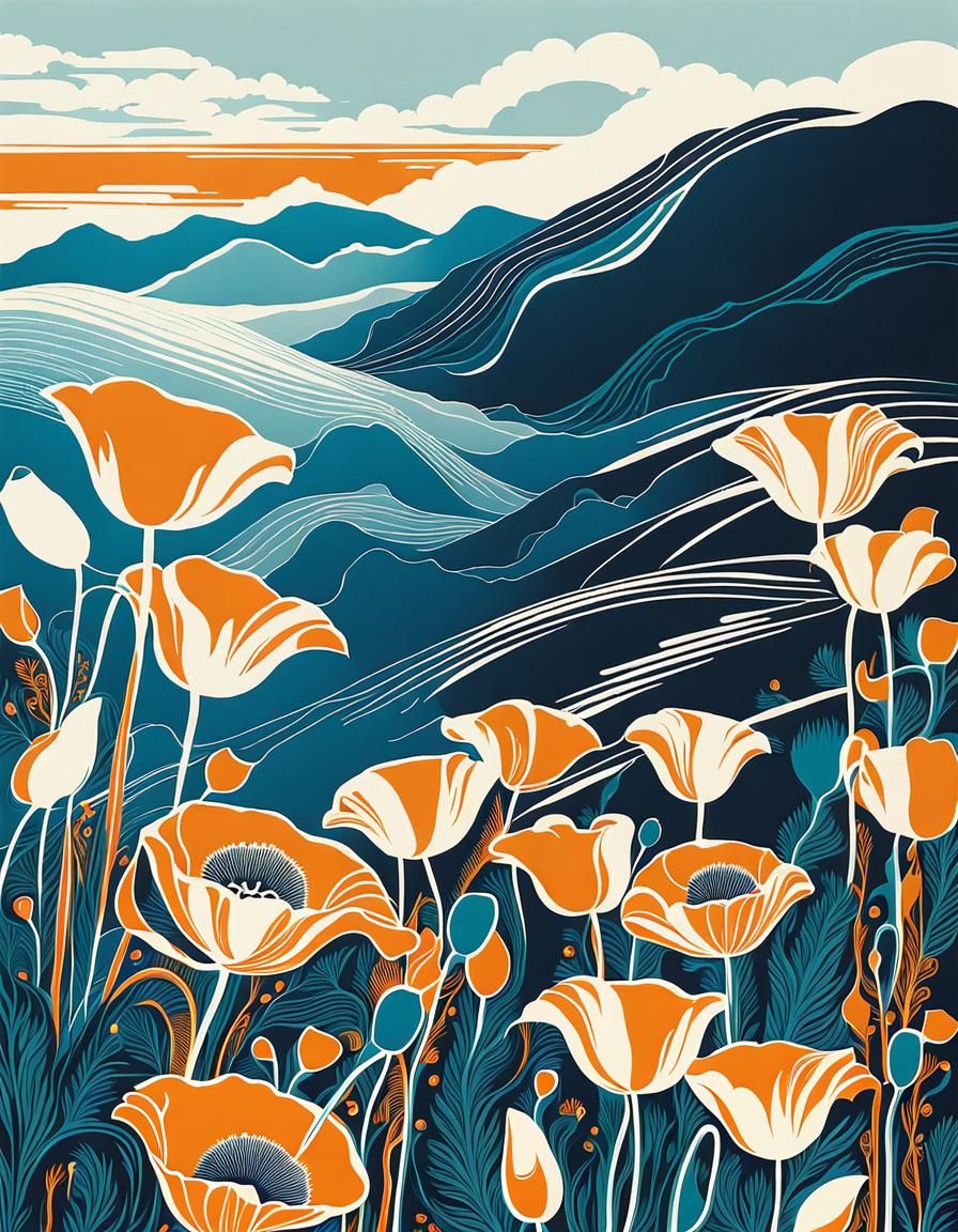 Ethereal Poppy in Linocut Style with Fractals