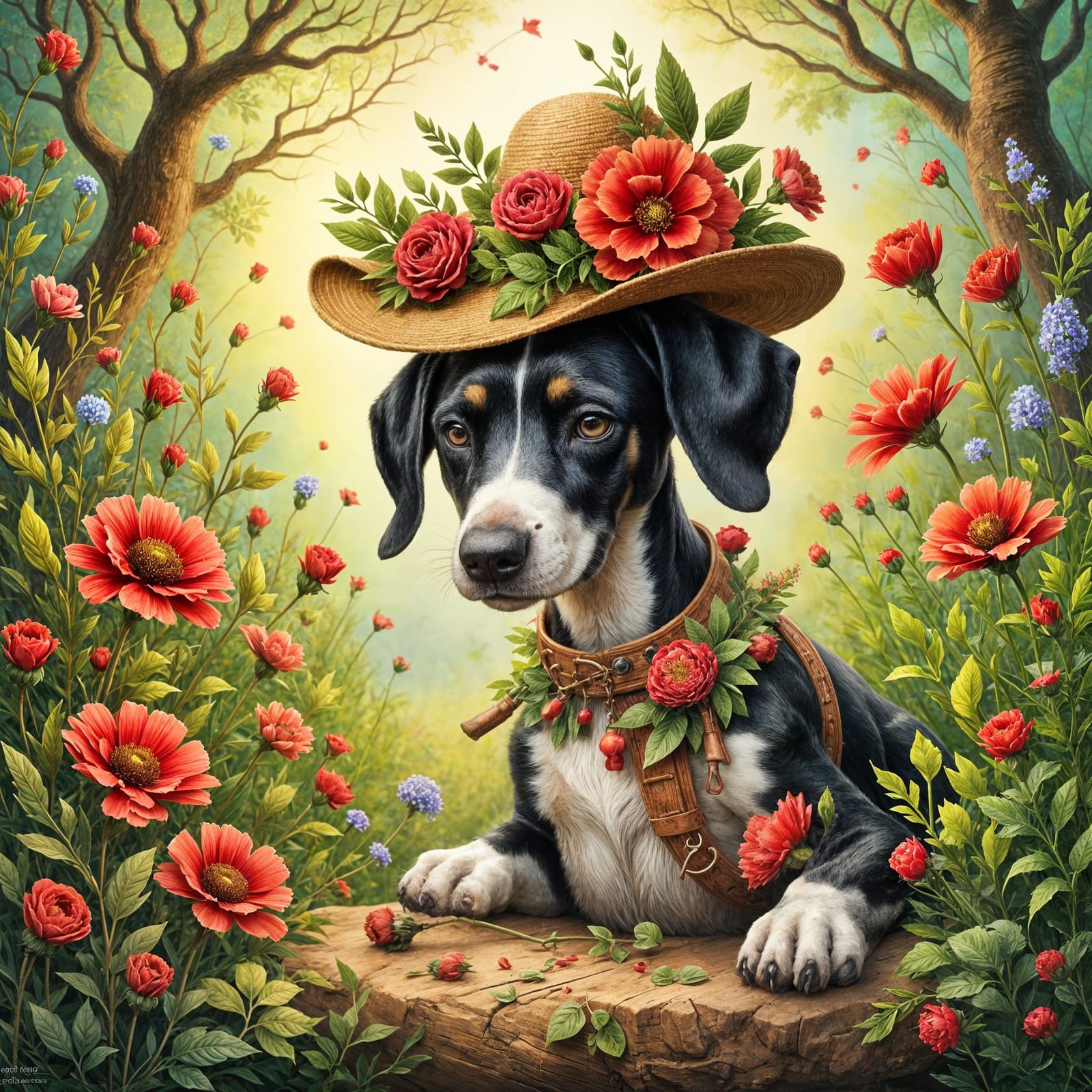 Whimsical Great Dane in Floral Hat