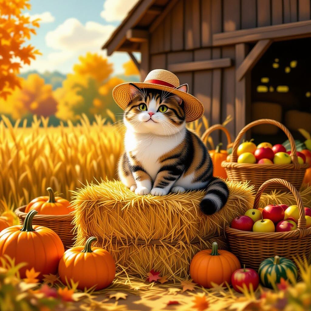 Happy Tabby Cat in Straw Hat on Hay Bales