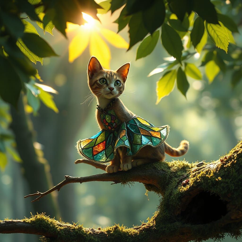 Cat in Stained Glass Dress in Enchanted Forest