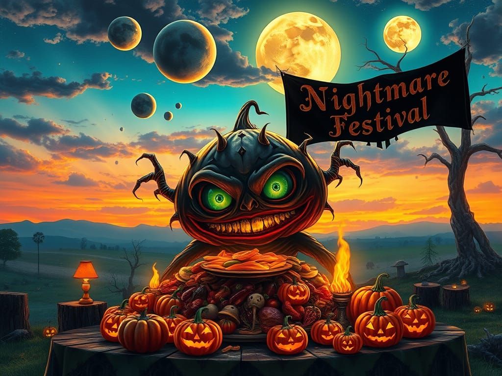 Nightmare Harvest Festival: Spooky Surreal Sunset Scene