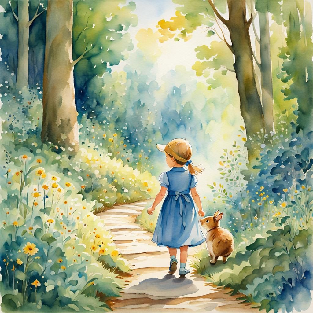 Charming Watercolor Girl Walks Through Forest