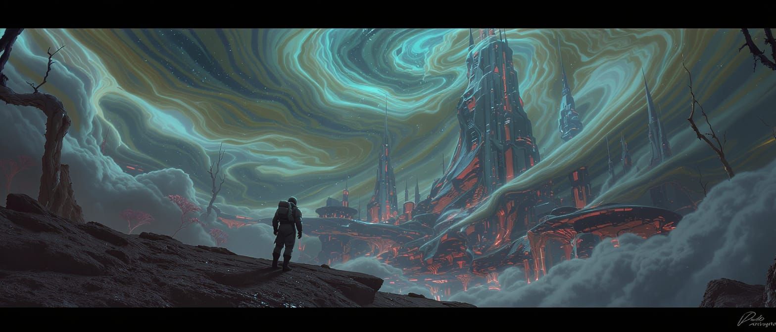 Surreal Alien Metropolis with Biohazard Figure