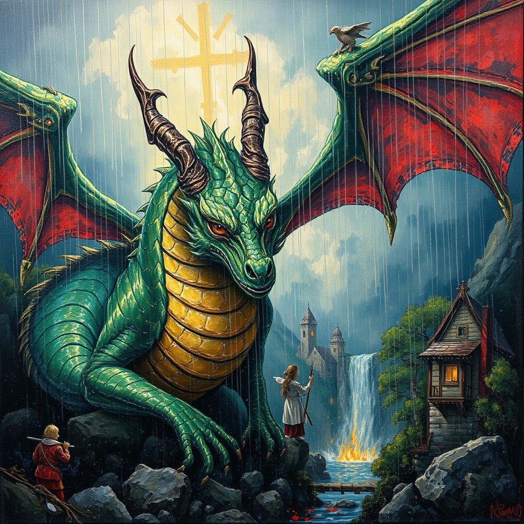 Dragon Protecting Village as Impasto Painting