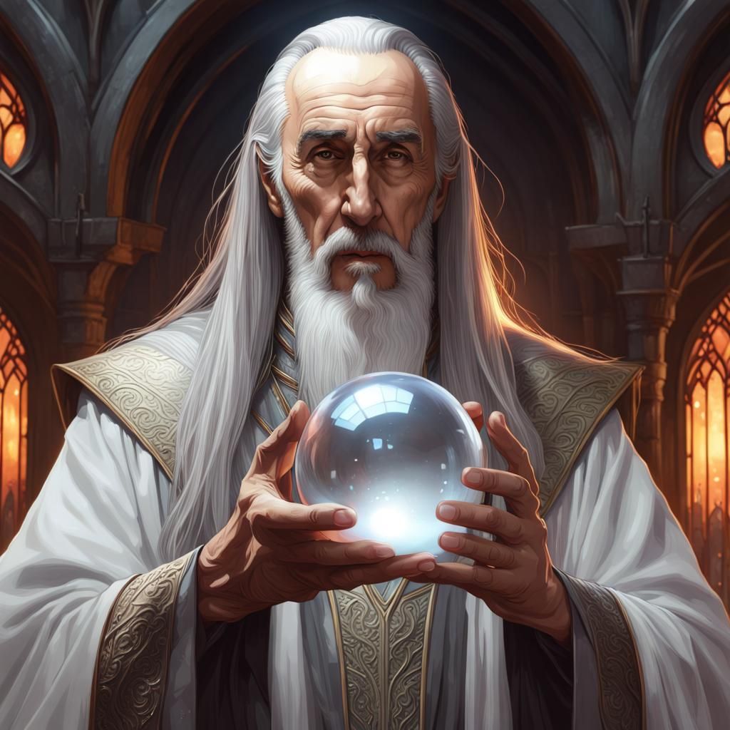 christopher lee as saruman holding a glass ball in a wizard tower