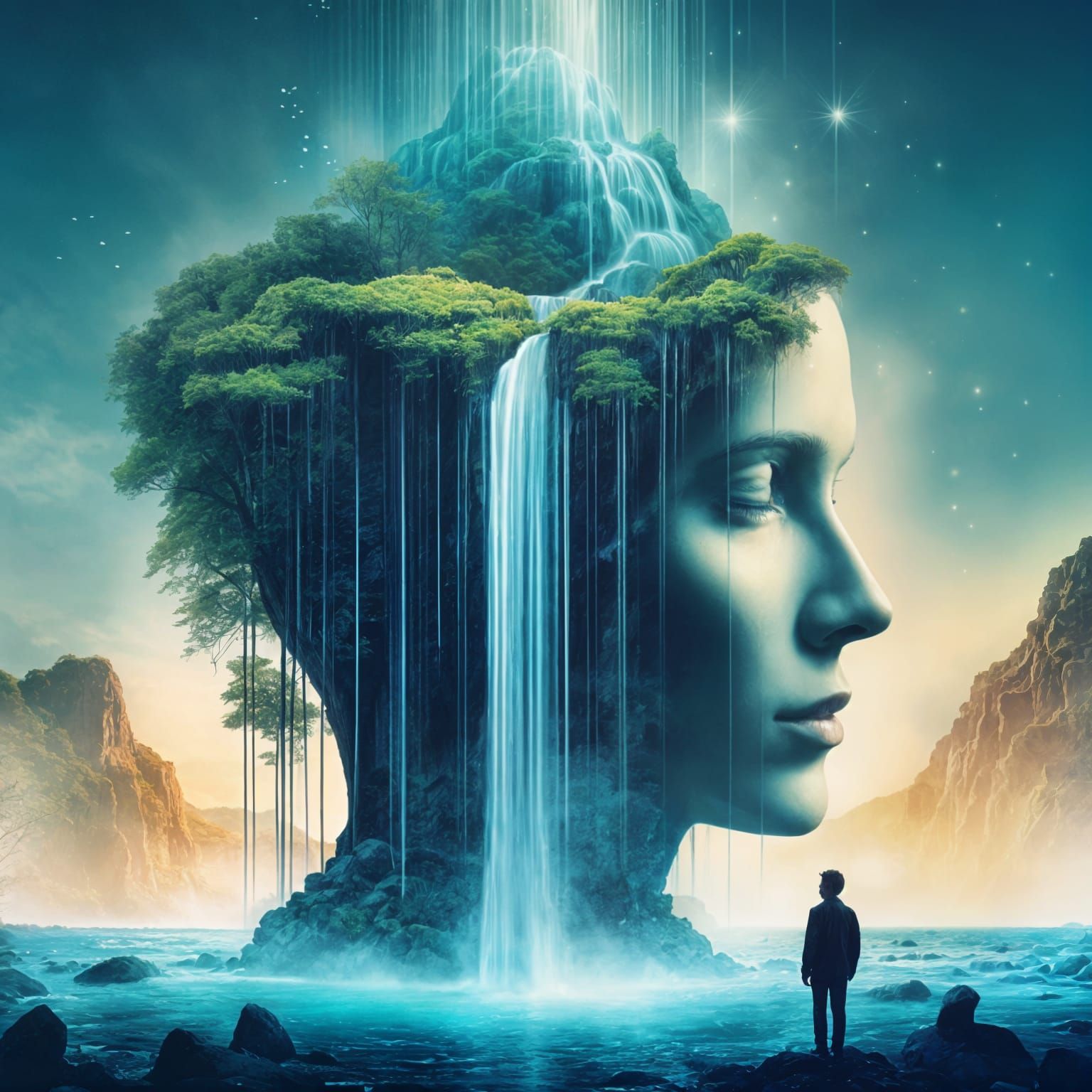 Surreal Headscape: Waterfalls and Glowing Mushrooms