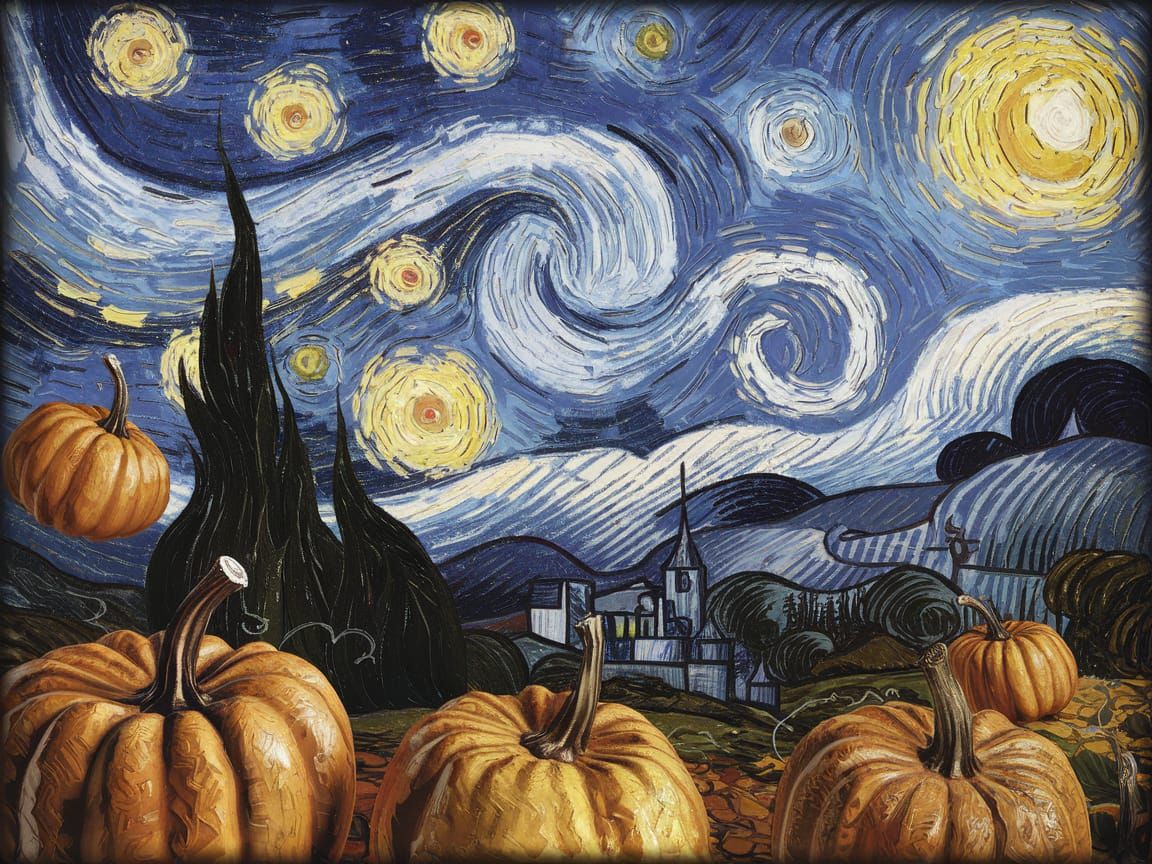 Pumpkins in Starry Night, Van Gogh Style