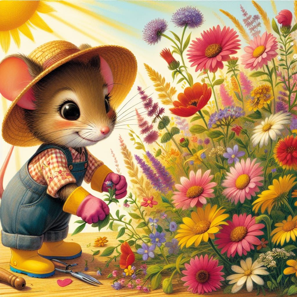 Mouse Gardener Collecting Summer Wildflowers, Storybook Illu...