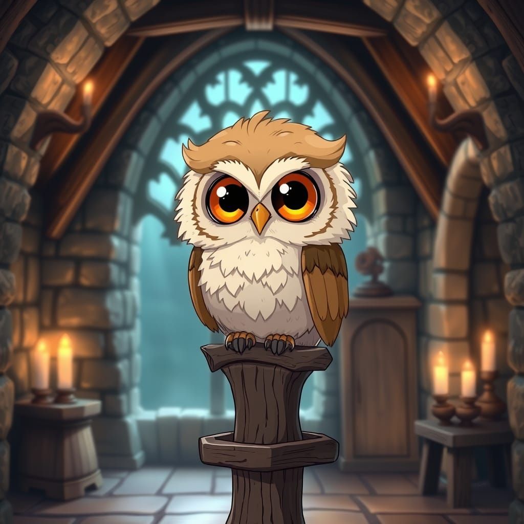 Cute Chibi Owl in Cozy Medieval Castle Room