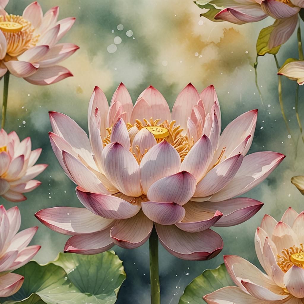 Hyperrealistic Watercolor Lotus Blossom in Dreamlike Soft Fo...