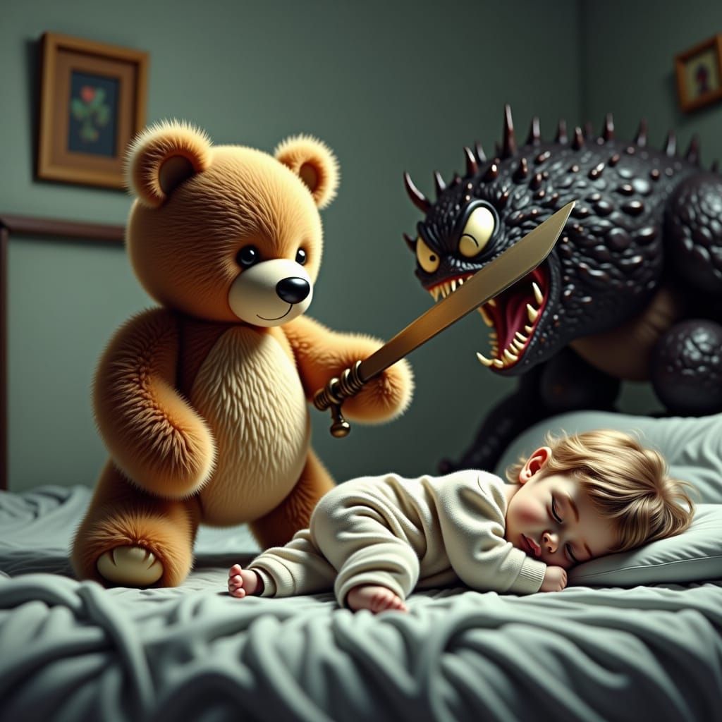 Teddy Bear Warrior Safeguards Sleeping Child from Fearsome M...