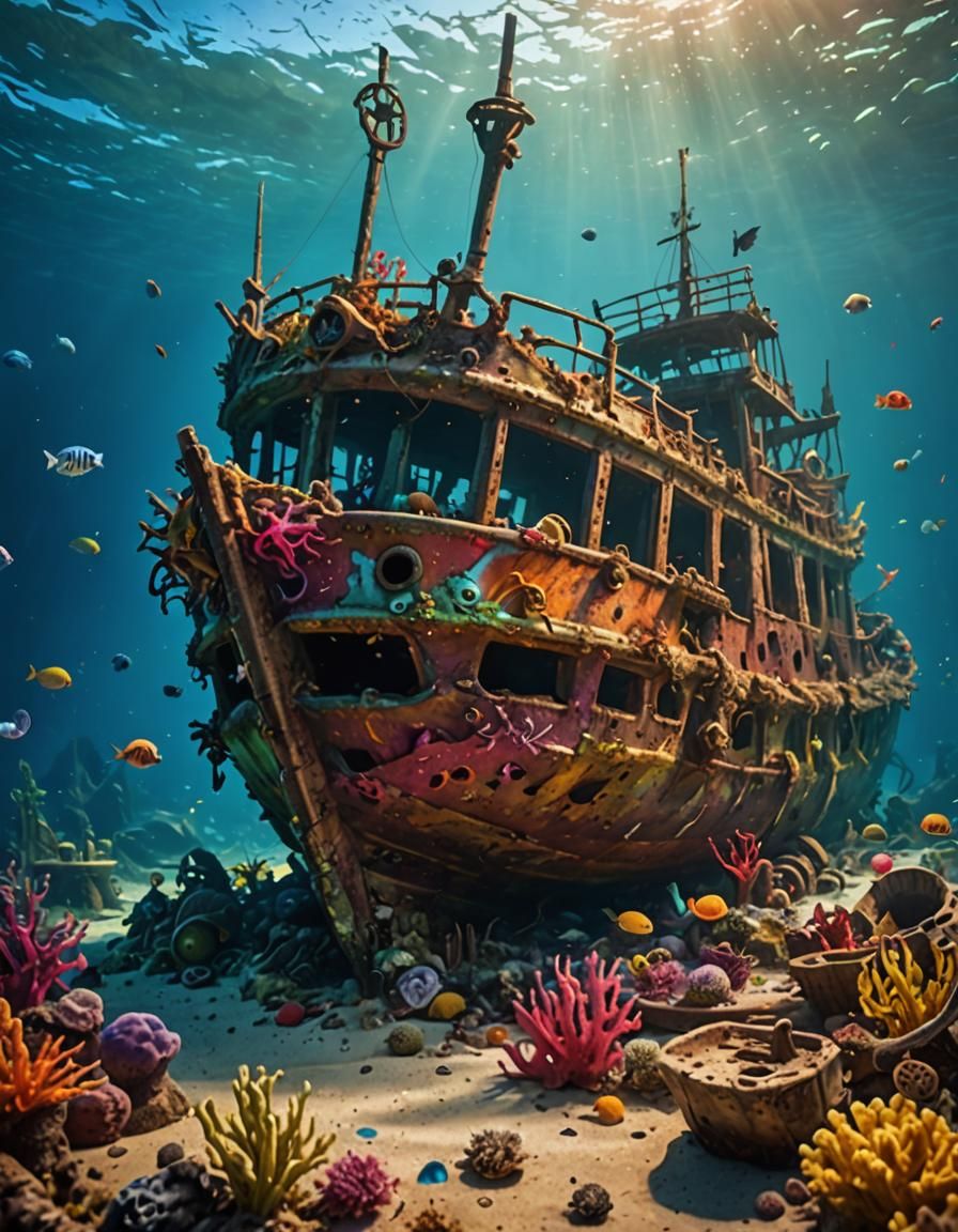 Mysterious Sunken Shipwreck with Vibrant Sea Creatures