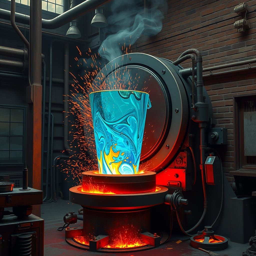 Melting Glass in Industrial Machine: Futuristic Art