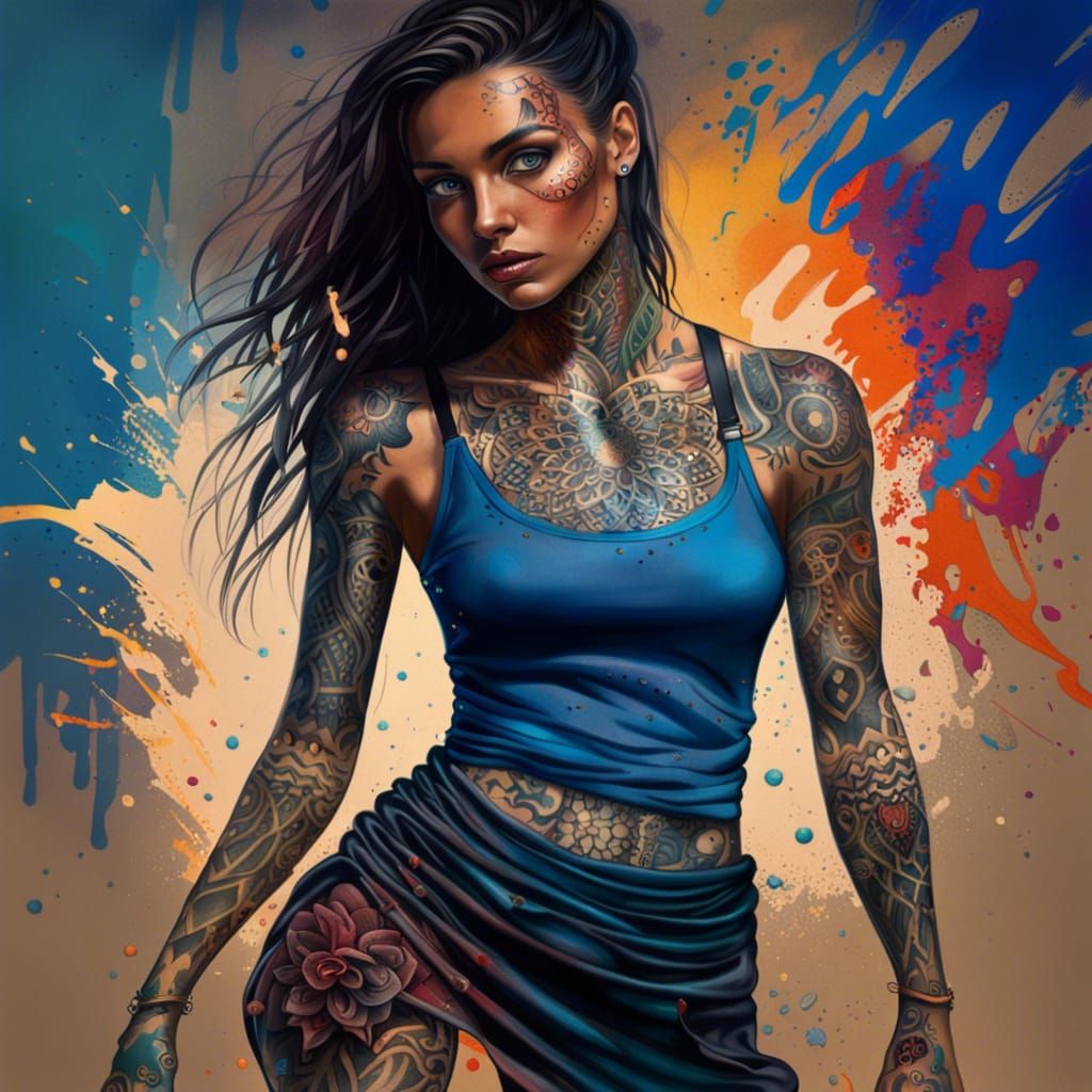 Tattooed Woman in Grunge Style, Digital Art