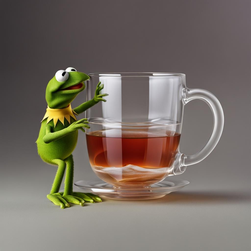 Hyperrealistic Kermit Enjoys Hot Tea