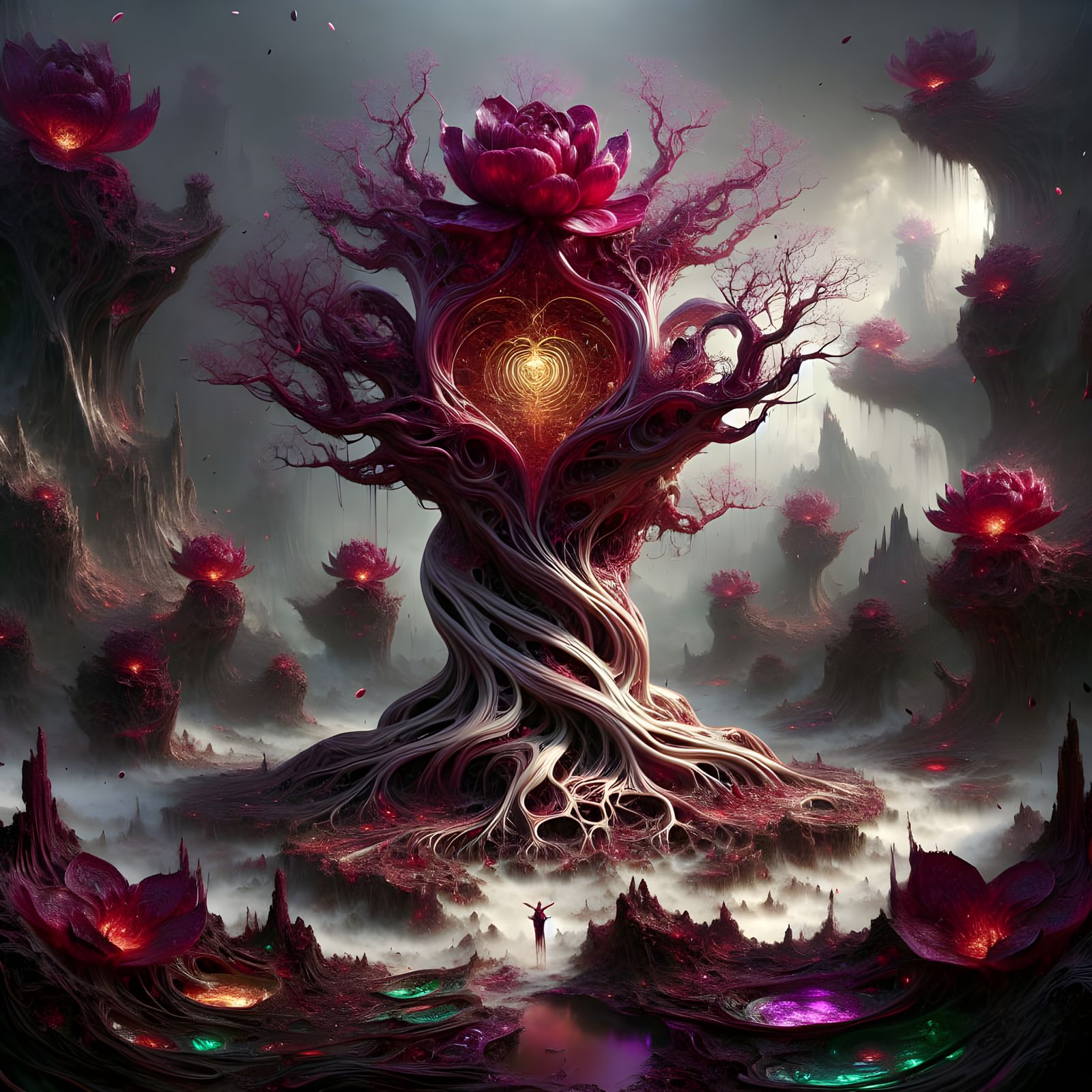 Majestic Tree in Crimson Bloom Dominates Isolated Valley Lan...